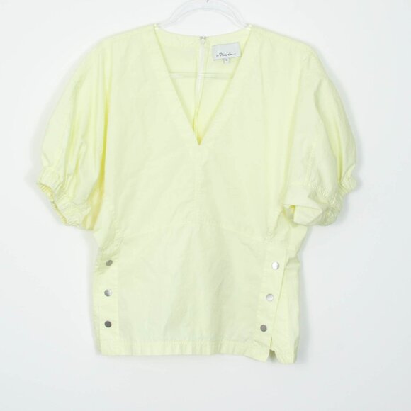 3.1 Phillip Lim Yellow Short Sleeve V Neck Puff Sleeve Poplin Top Womens Size 10 - Picture 1 of 8